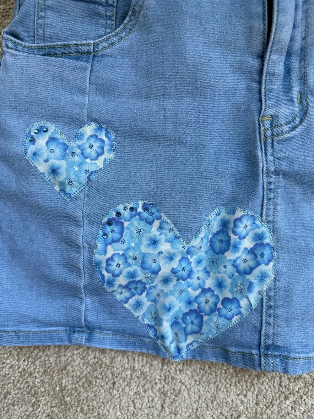 Blue Floral Heart Denim Mini Skirt - Casual‎ Women's Skirt